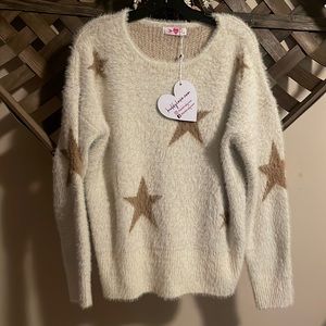 BNWT BUDDY LOVE FUZZY WHITE & BROWN STAR SWEATER SIZE MEDIUM
